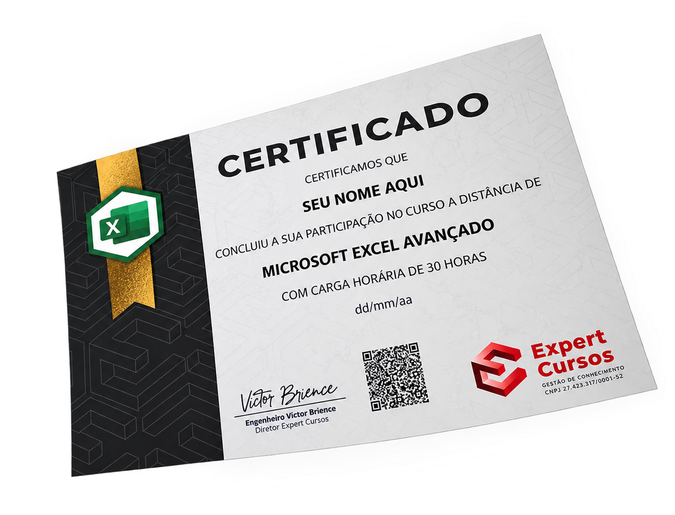 Certificado de Excel avançado com 30 horas, assinado pelo engenheiro Victor Brience